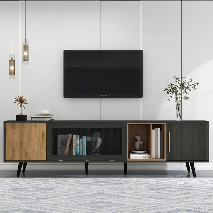 TV-Schrank Lowboard aus MDF mit Klappglasfront & Kabelmanagement, für bis zu 90 Zoll, 200x40x55,5 cm, Grau – Bild 1