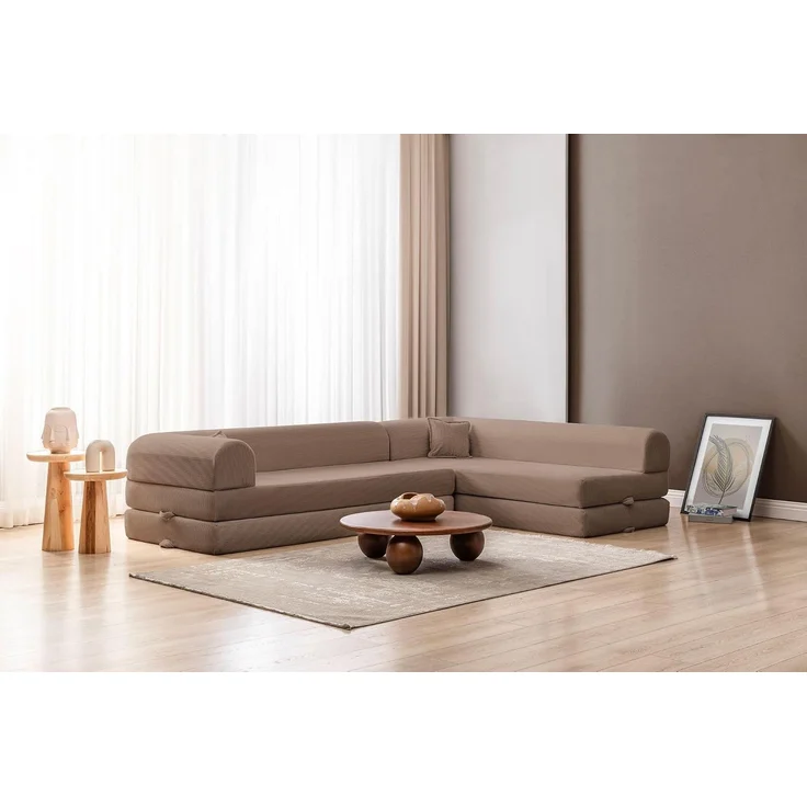 Beige Eck-Schlafsofa, 280 cm | 100% Gerippter Plüschstoff, 28 DNS Flexi-Schaumstoff, Abnehmbarer Bezug, 4 Kissen inklusive | Pfotenfreundlich & rutschfest – Bild 2