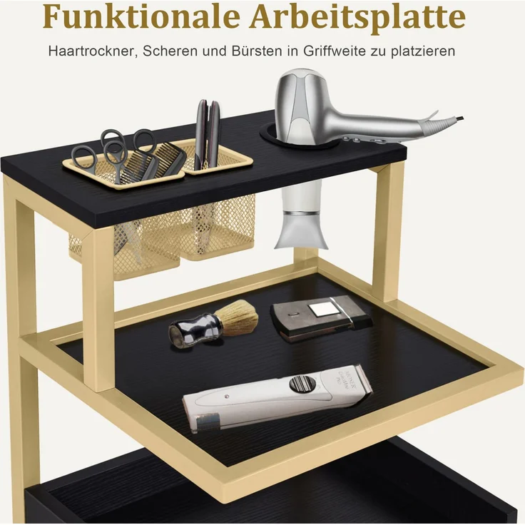 BarberPub Friseurwagen mit Rollen & 2 Schubladen, Rollwagen Servierwagen Schwarz-Gold, Salon Trolley mit 2 Ablagen & Föhnhalter, Moderner Arbeitswagen für Bad Wohnzimmer, 0029 – Bild 4