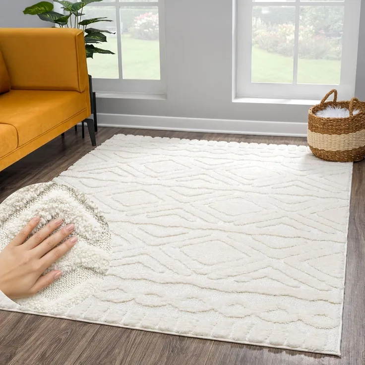 Teppich Wohnzimmer Hochflor - 140x200cm - Einfarbig - Pastell Creme - Boho - Modern Raute Ornamente - Skandinavisch Flauschig Weich - Schlafzimmer