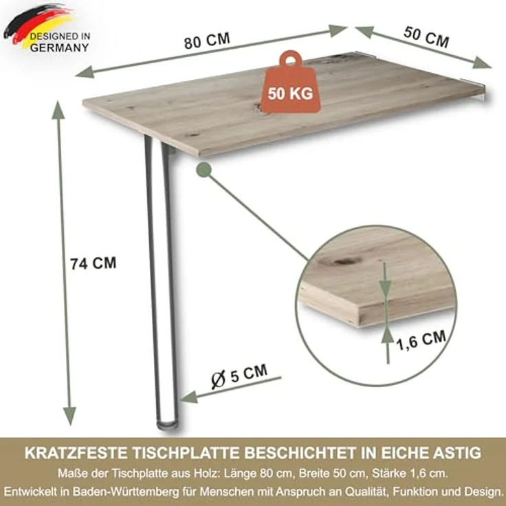 KDR Produktgestaltung Wandklapptisch Schreibtisch Tischplatte 80x50 cm in Eiche astig Klapptisch Esstisch Küchentisch für die Wand Höhe Tisch 74 cm zur Wandmontage mit Tischbein klappbar – Bild 3