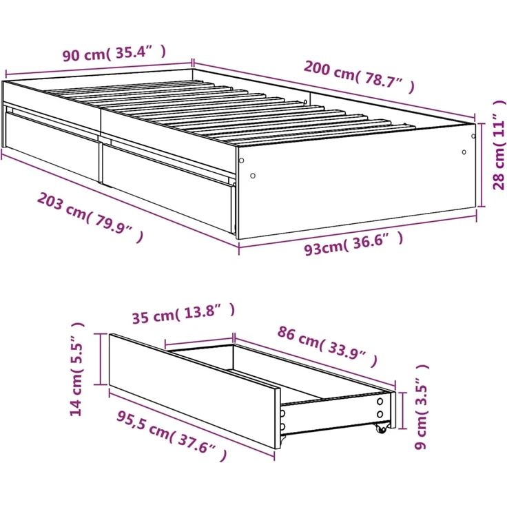 vidaXL Bettgestell mit Schubladen Grau Sonoma 90x200 cm Holzwerkstoff 3280683 – Bild 9