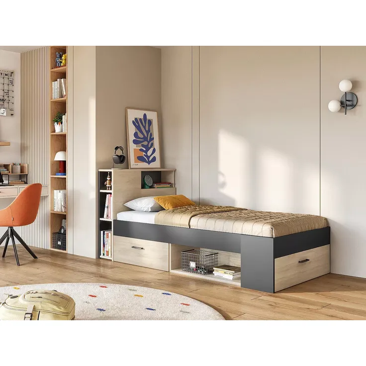 Vente-unique - LEANDRE Bett Holz, Platte GrauBeige - B 99,5 cm x H 95 cm x L 218,5 cm