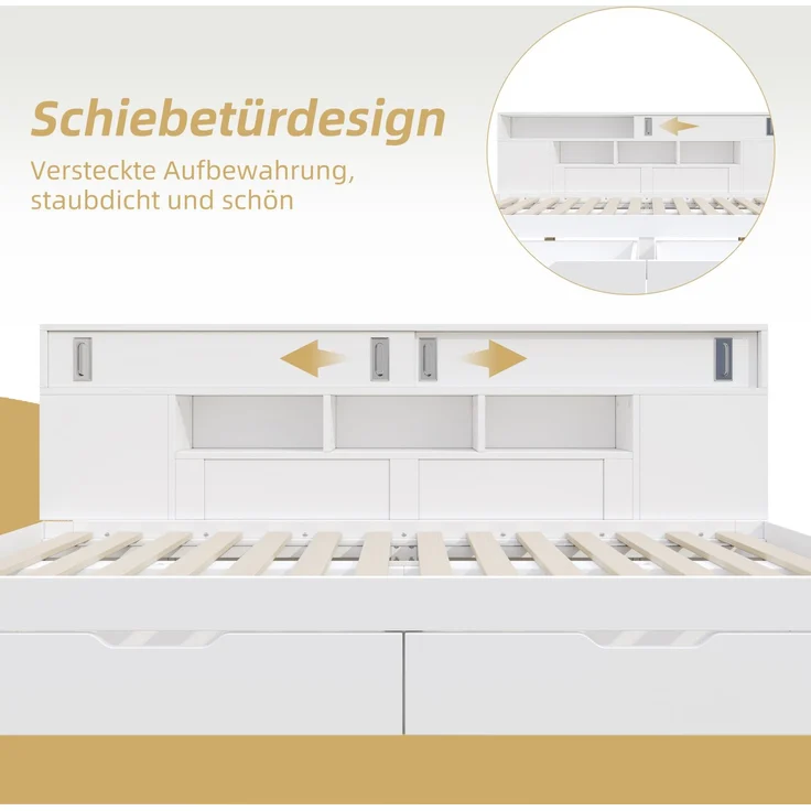 CHICFURN Bett aus MDF Weiß 140x190 cm mit 2 Schubladen und Stauraum – Bild 5