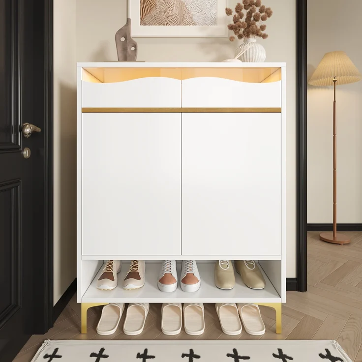 Schuhschrank mit LED-Lichtleiste, MDF/Spanplatte, 80x35x105 cm, Weiß mit Acrylfront & Metallgestell – Bild 2