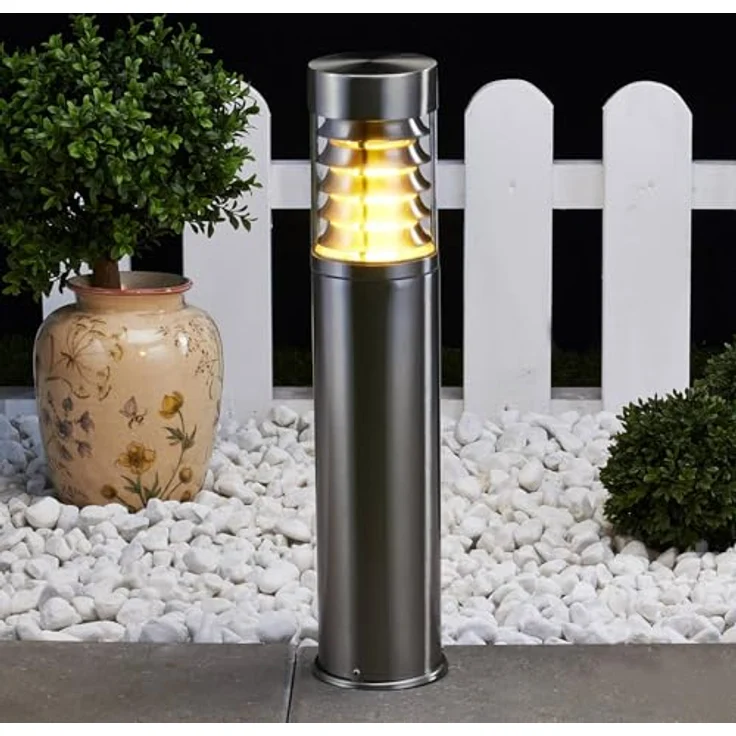 Lindby Außenleuchte Enja, spritzwassergeschützt, Aluminium Edelstahl, 1 flammig, E27, Pollerleuchte für Garten und Terrasse – Bild 2