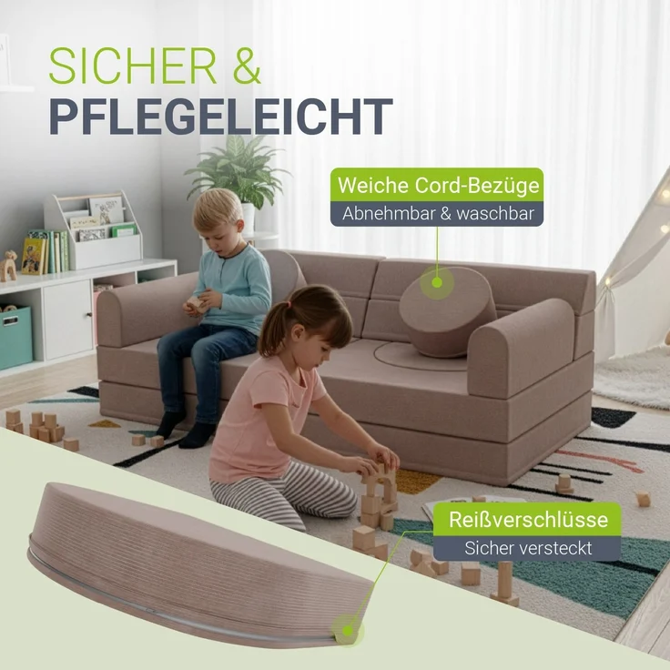 Juskys Kindersofa Kayo –Cord, modular & weich, Sofa für Kinderzimmer & Spielzimmer, sicher, flexibel, pflegeleicht, mit abnehmbaren Bezügen – Rosa – Bild 3