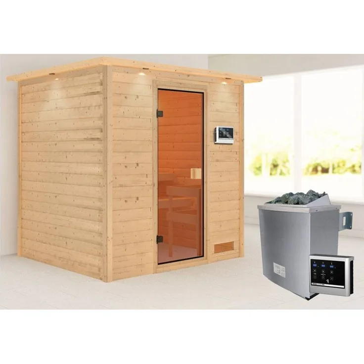 Karibu Sauna Adelina mit Dachkranz + 9kW Saunaofen mit externer Steuerung Easy