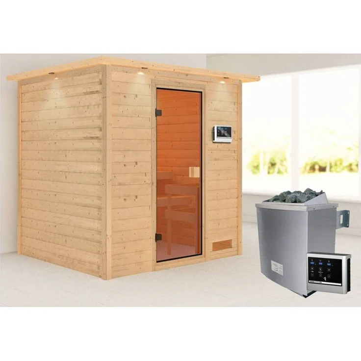Karibu Sauna Adelina mit Dachkranz + 9kW Saunaofen mit externer Steuerung Easy – Bild 1