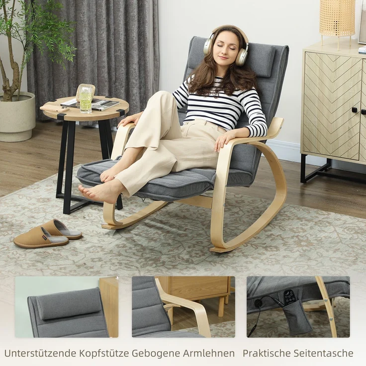 Schaukelstuhl mit Massage-Funktion, Lendenheizung, 3 Modi, Stoffbezug, Grau--Grau--106x67x92cm--YOUDENOVA – Bild 10