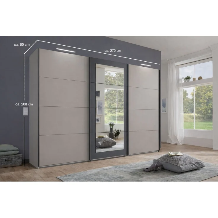 Schwebetürenschrank 3-türig mit Spiegel Kleiderstangen Einlegeböden in Sand Grau – Bild 6