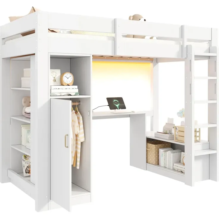 Hochbett mit Schreibtisch, LED-Streifen, Lattenrost, Trittleiter, Regale, Kleiderschrank und USB, 90x200 cm, Kinderbett, Einzelbett, Kiefer – Bild 4
