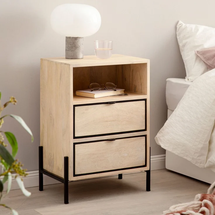 FineBuy Nachttisch aus Mango Whitewash Massivholz mit Ablage & 2 Schubladen – Nachtkonsole im Industrial Natur Design für Boxspringbetten, Nachtschrank mit Stauraum – Nachtkästchen 43x60x30 cm – Bild 1