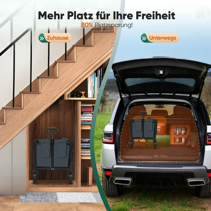 Sekey Mini Bollerwagen Faltbar Handwagen Outdoor Transportwagen 60L, bis zu 80kg, Grau – Bild 5