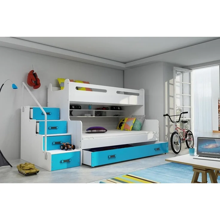 BMS Etagenbett für Kinder MAX 3 Weiß Blau mit 2 Matratzen – Bild 2