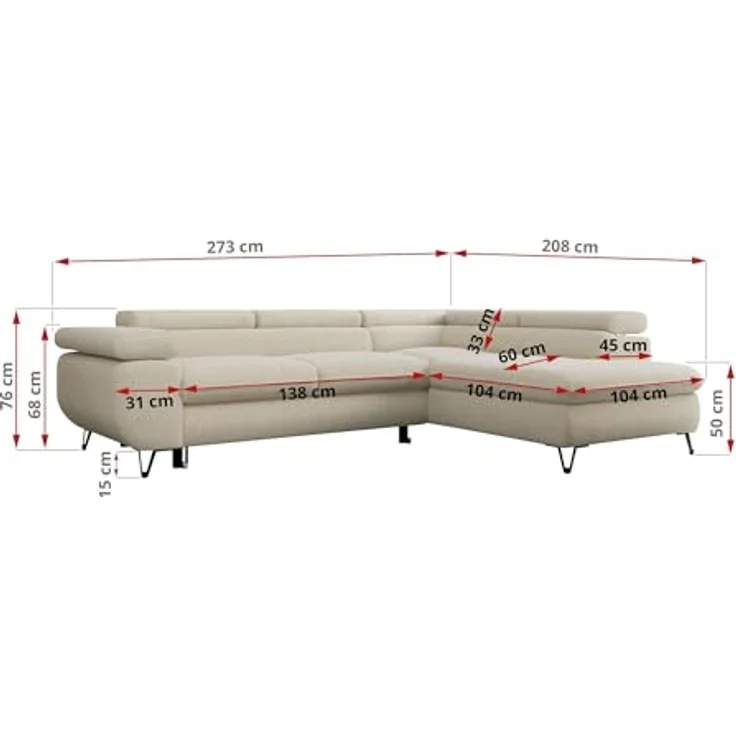 Mks Möbel 'Peter L-form' Ecksofa mit Bettfunktion, Bettkasten & einstellbaren Kopfstützen, Beige, Boucle, links – Bild 4