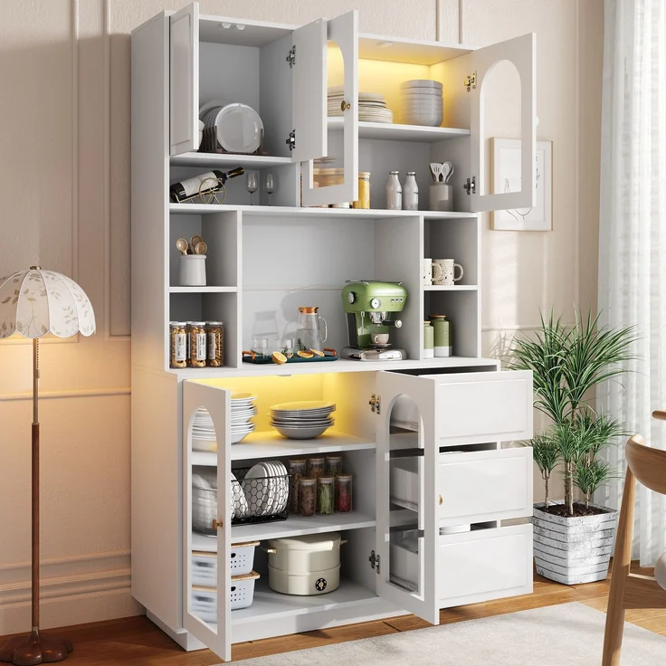 Merax Hoher Sideboard Schrank, Küchen Staurschrank mit Bogen-Acryltüren, Bar-Schrank mit offenen Fächern, Schrank mit APP-gesteuerter farbverstellbarer LED-Beleuchtung, Weiß – Bild 2