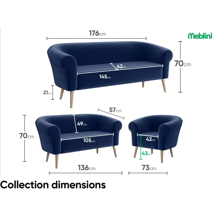 MEBLINI Mini Sofa Set 3-2 für Wohnzimmer - Mini Lounge für fünf Personen - Küchensofa - Sofa Klein - Sitzgarnitur - Polstergarnitur - Sofagarnituren - EMILIA - 3+2 - Blau Samt – Bild 6