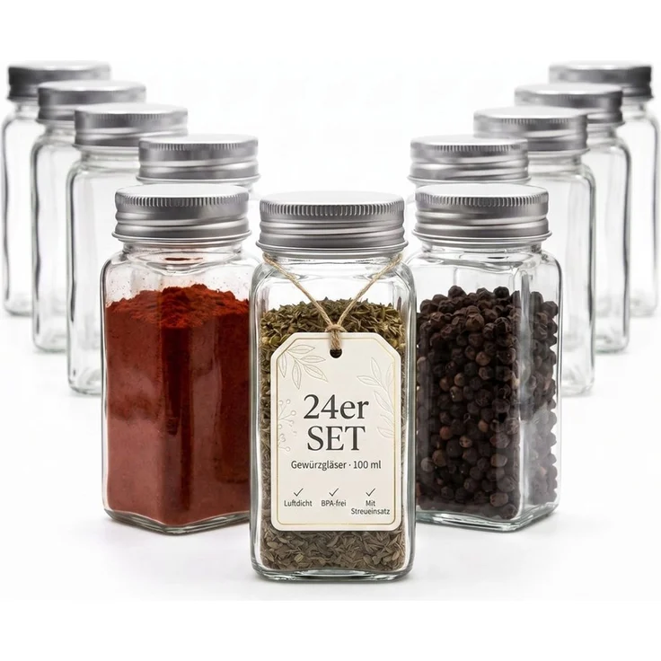BigDean Gewürzbehälter Gewürzgläser Set eckig luftdichte Gewürzdosen, Glas, (Set, 24-tlg, Gewürzgläser), Kräuterglas, Gewürzglas, Lebensmittelecht, BPA-Frei, Aromaneutral – Bild 1