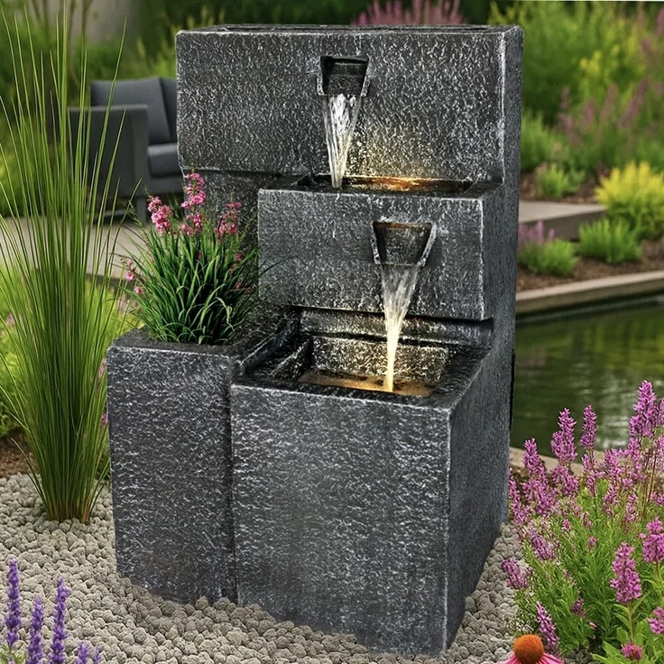 Arnusa Gartenbrunnen Grada Springbrunnen, (Komplett-Set), mit LED Beleuchtung und Pflanzbecken – Bild 3