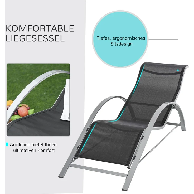 JARDJ Gartenliege Set Metall Mesh 3-TLG Sonnenliege mit Teetisch Gartengarnitur mit 2 Sonnenliegen, 1 Beistelltisch Gartensitzgruppe für Garten, Balkon 59B x 169T x 66H cm Schwarz+Silber – Bild 8