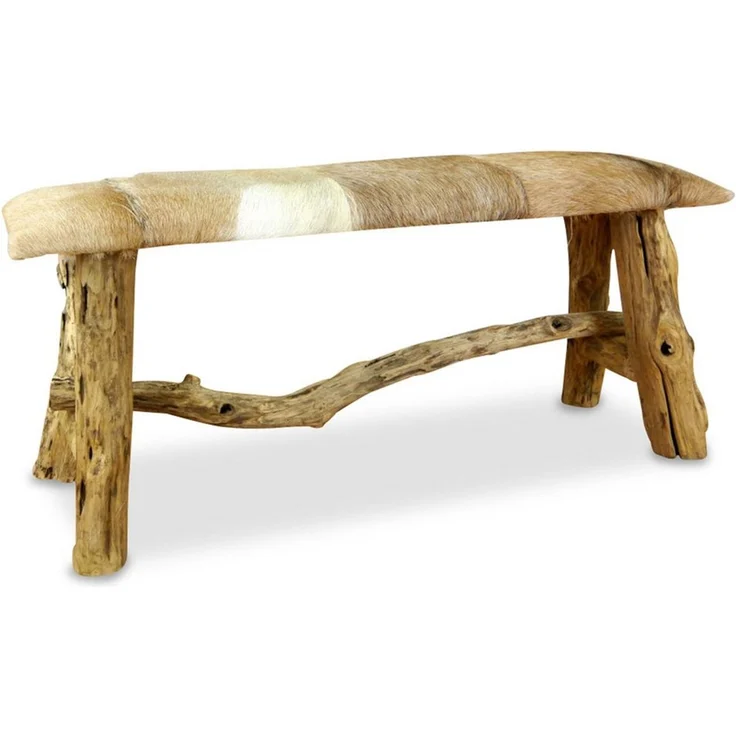 livasia Essbank Ziegenfell - 100x27x42cm - Leder und Massivholz Sitzbank aus Java, handgefertigt – Bild 1