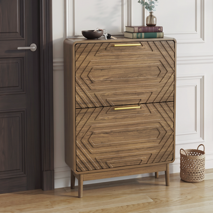 Schuhschrank in Walnussoptik mit 2 Klappfächern, offenem Fach und Kippschutz,95x60x24 cm – Bild 3