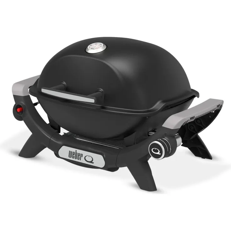Weber Q 1100N Gasgrill/Tragbarer, leichter Grill für Camping, Terrassen und Balkone mit Hochleistungsbrenner, porzellanemaillierten Gussrosten und elektronischer Zündung, Mitternachtsschwarz