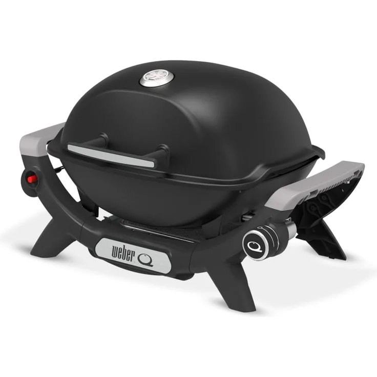 Weber Q 1100N Gasgrill/Tragbarer, leichter Grill für Camping, Terrassen und Balkone mit Hochleistungsbrenner, porzellanemaillierten Gussrosten und elektronischer Zündung, Mitternachtsschwarz