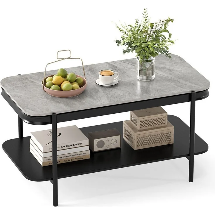 COSTWAY Couchtisch, rechteckig mit Stauraum, Marmor Wohnzimmertisch grau – Bild 5