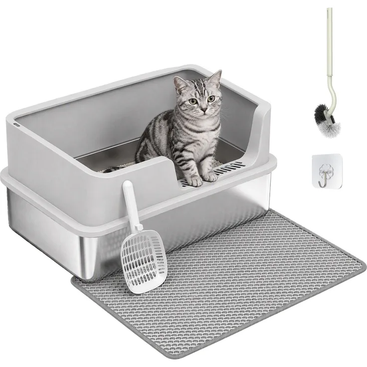 PawHut Katzentoilette, Edelstahl, Hellgrau, 60 x 40 x 30 cm