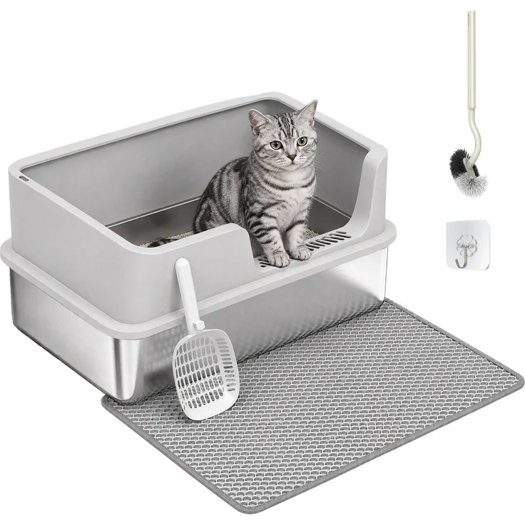 PawHut Katzentoilette, Edelstahl, Hellgrau, 60 x 40 x 30 cm – Bild 1