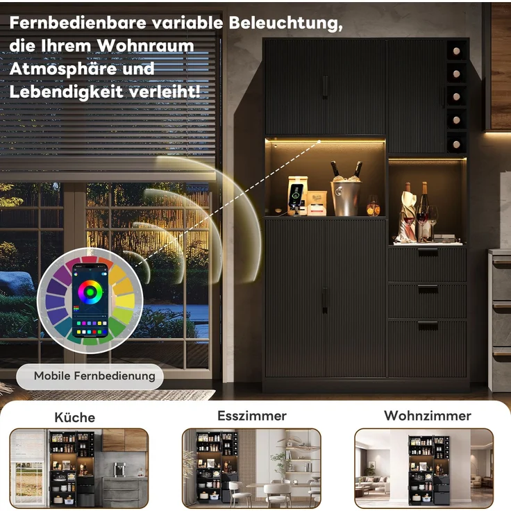 Merax 180cm Küchenschrank, moderner hoher Aufbewahrungs- und Weinschrank mit verstellbaren Einlegeböden, 3 Schubladen, Weinregal, farbwechselnder LED-Beleuchtung und Steckdosen – Bild 5
