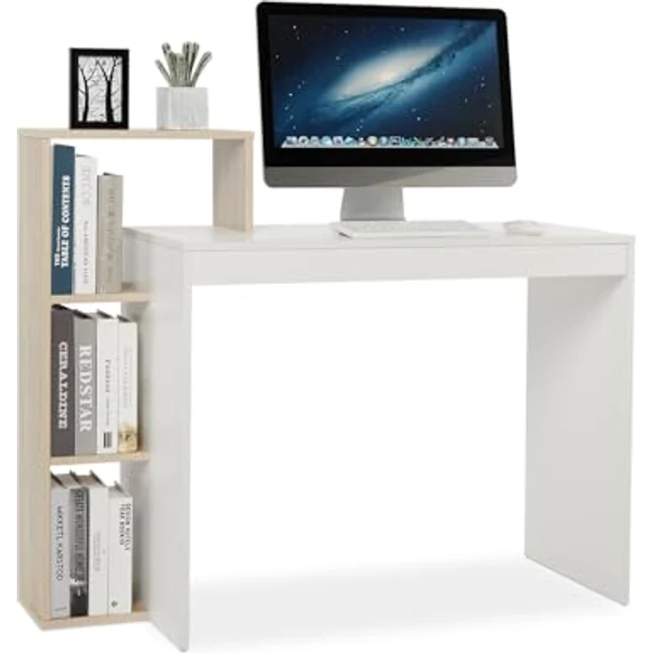 Mondeer Kleiner Schreibtisch, Moderner Computertisch mit 3-stöckiges Regal, Platzsparend, 110 x 40 x 92 cm, Geeignet für Heimbüro Arbeitszimmer Kleiner Platz, Weiß und Eichefarben – Bild 2