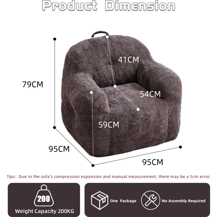 Sitzsack-Sessel aus Kunstfell mit Armlehnen, ergonomische Form, 95×95×79 cm, Dunkelgrau – Bild 6