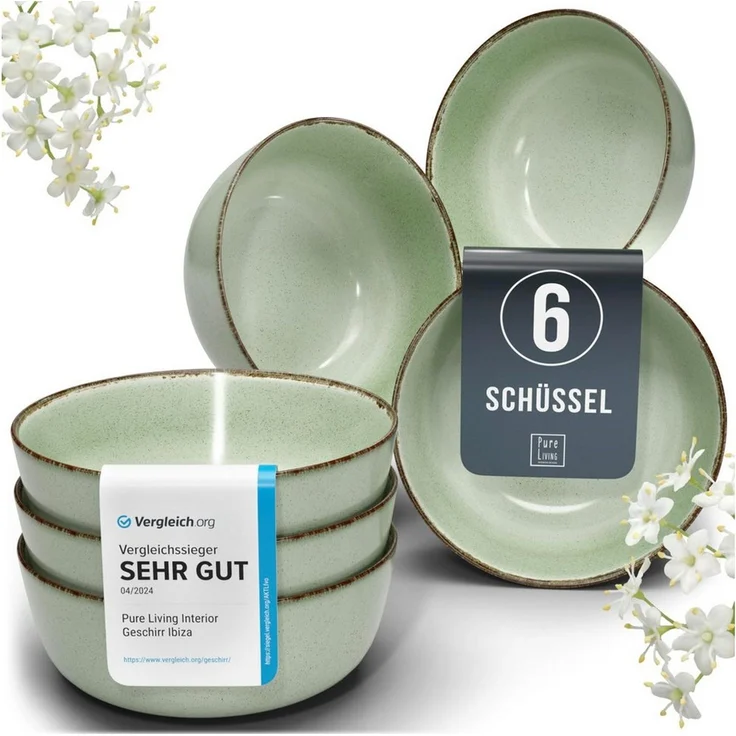 PURE LIVING INTERIOR DESIGN Geschirr-Set Rustic, 6er-Set Müslischalen, 16 cm, Riffelstruktur, Mintgrün (6-tlg), 6 Personen, Steingut – Bild 1