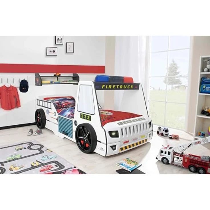 Autobett Kinderbett 90x200 Feuerwehrbett "Rio Firetruck" Hochglanz mit LED Leuchte Weiß – Bild 3