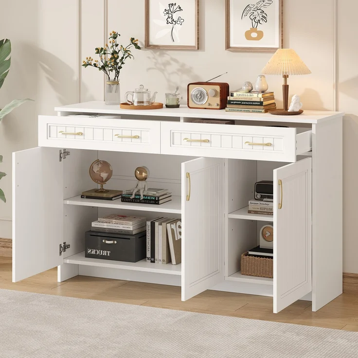 Flieks Sideboard 140 x 40 x 90 cm mit 2 Schubladen, 3 Türen, verstellbaren Einlegeböden und goldenen Griffen, Weiß – Bild 2