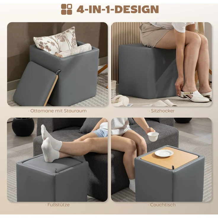 HOMCOM Sitzhocker, Kunstleder, MDF, Grau, 40L x 40B x 40H cm – Bild 4