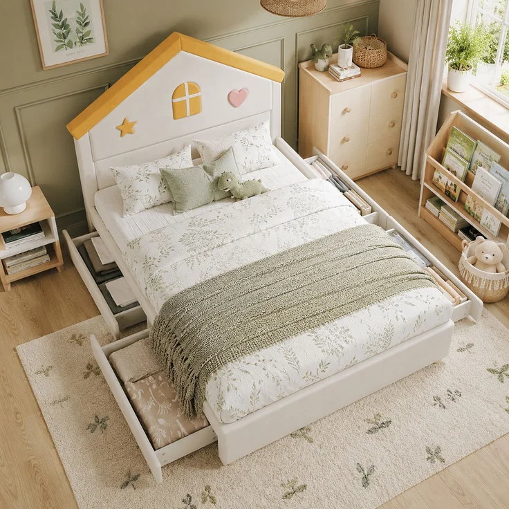 Merax Kinderbett, 140x200 cm, Polsterbett, mit 4 Schubladen, Stauraumbett, Jugendbett mit französischem Samt, gepolstertes Bett mit Haus-Kopfteil, Beige – Bild 2