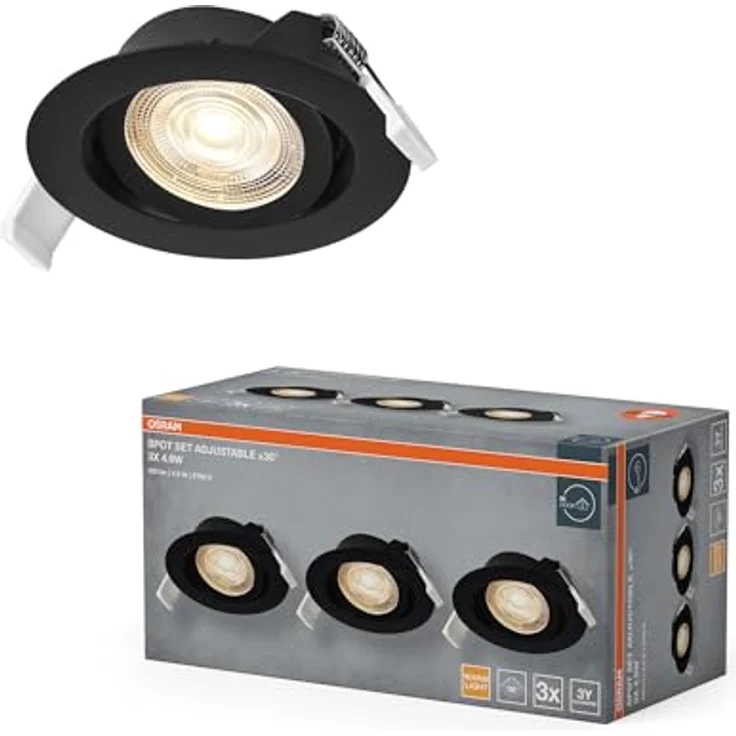 Osram Spot Set LED Einbaustrahler, 4,9W, 2700K, Deckenspot 36°, Schwarz, Aluminium/Kunststoff, schwenkbar, 3er-Set – Bild 1