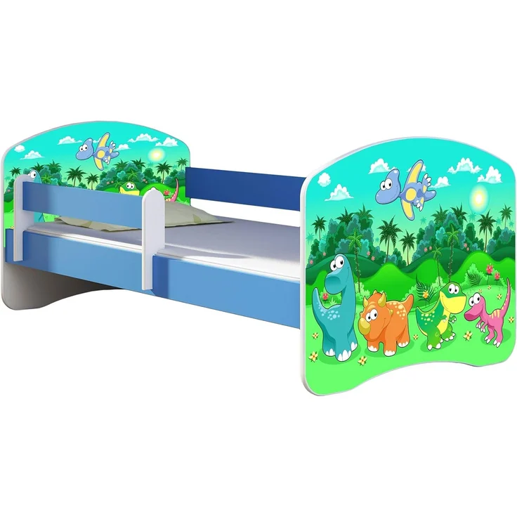 ACMA Kinderbett Jugendbett mit Einer Schublade und Matratze Blau mit Rausfallschutz Lattenrost II 140x70 160x80 180x80 (30 Dino, 140x70) – Bild 1