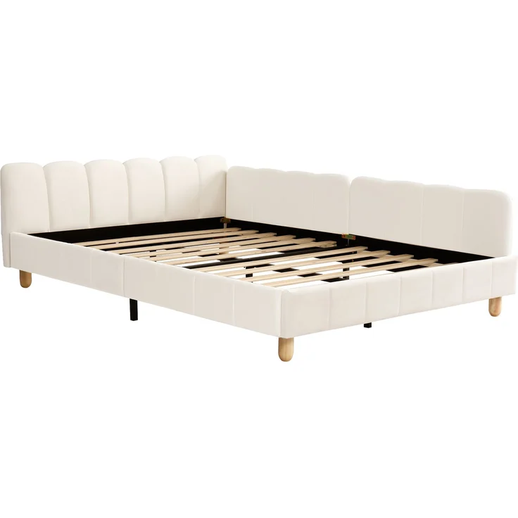 Merax Polsterbett, Kinderbett 140x190 cm, Bett mit und gepolstertes Kopfteil und Rausfallschutz, Bettbeine aus Massivholz, Samt, beige – Bild 8