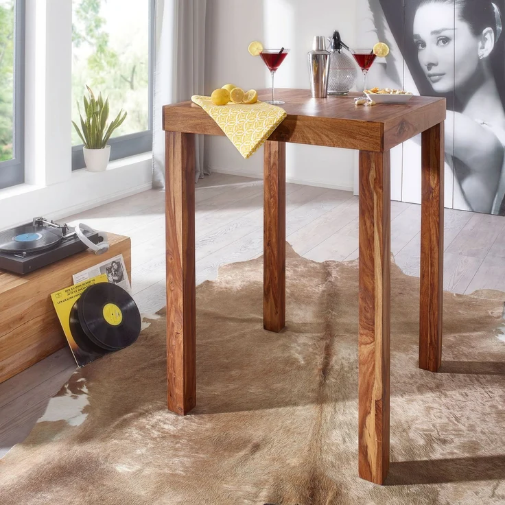 Wohnling Bartisch MUMBAI Sheesham Massivholz 80x80x110cm Landhausstil dunkelbraun quadratisch Braun – Bild 4