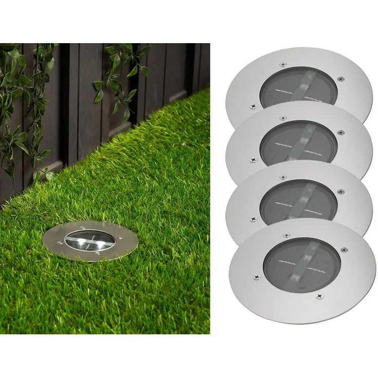 Solar LED Bodeneinbaustrahler 4er SET für Außen, Edelstahl rund Ø14cm IP67