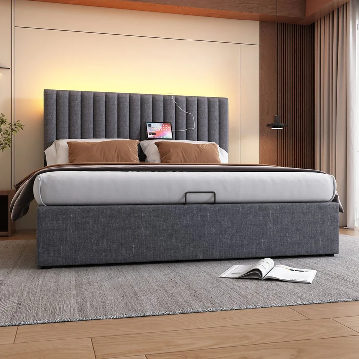 Polsterbett 140×200 cm aus Leinen-Stoff mit LED-Beleuchtung und USB-C-Ladestation, grau – Bild 2