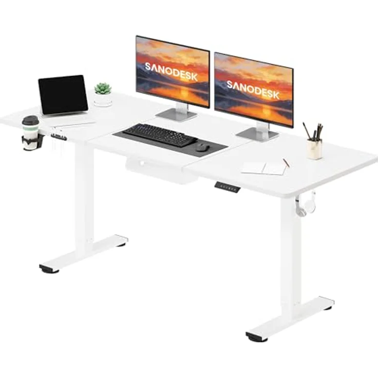 SANODESK Höhenverstellbarer Schreibtisch 160x60 cm mit Memory-Funktion, Elektrischer Steh-Sitz Tisch für Heimbüro, Ergonomischer Computertisch mit Modernem Design und Vierteiliger Tischplatte, Weiß – Bild 2