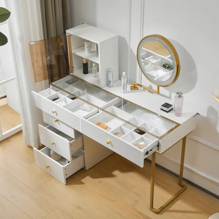 Schminktisch mit LED-Spiegel & flexiblen Regalen, weiß & gold modern Make-up Tisch,ohne Hocker – Bild 3