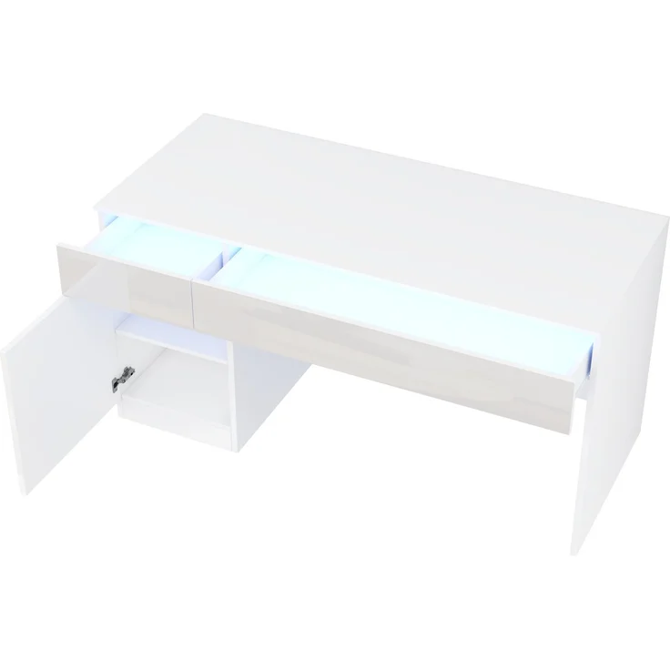 ZUBALIYA Hochglanz Schreibtisch 120 x 50 cm mit LED-Beleuchtung, 2 Schubladen & 1 Tür, großer Computertisch und Schminktisch, Moderner Arbeitsplatz für Homeoffice und Schlafzimmer – Bild 12