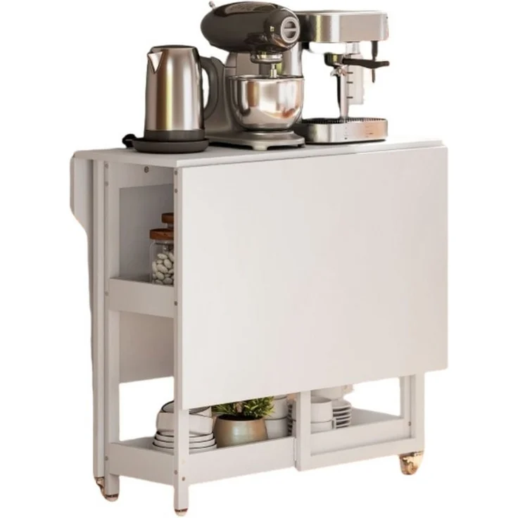 BBWL Klapptisch Klappbarer Esstisch Weiß 133×80 cm mit 2 Ablagen und Rollen (Platzsparender Küchentisch für 2–4 Personen aus Spanplatte für kleine Räume) – Bild 5